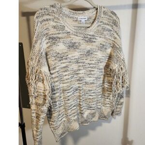 Calvin Klein Womens Knit Sweater Fringe Accents Marled Tan Cream Gray Size L
